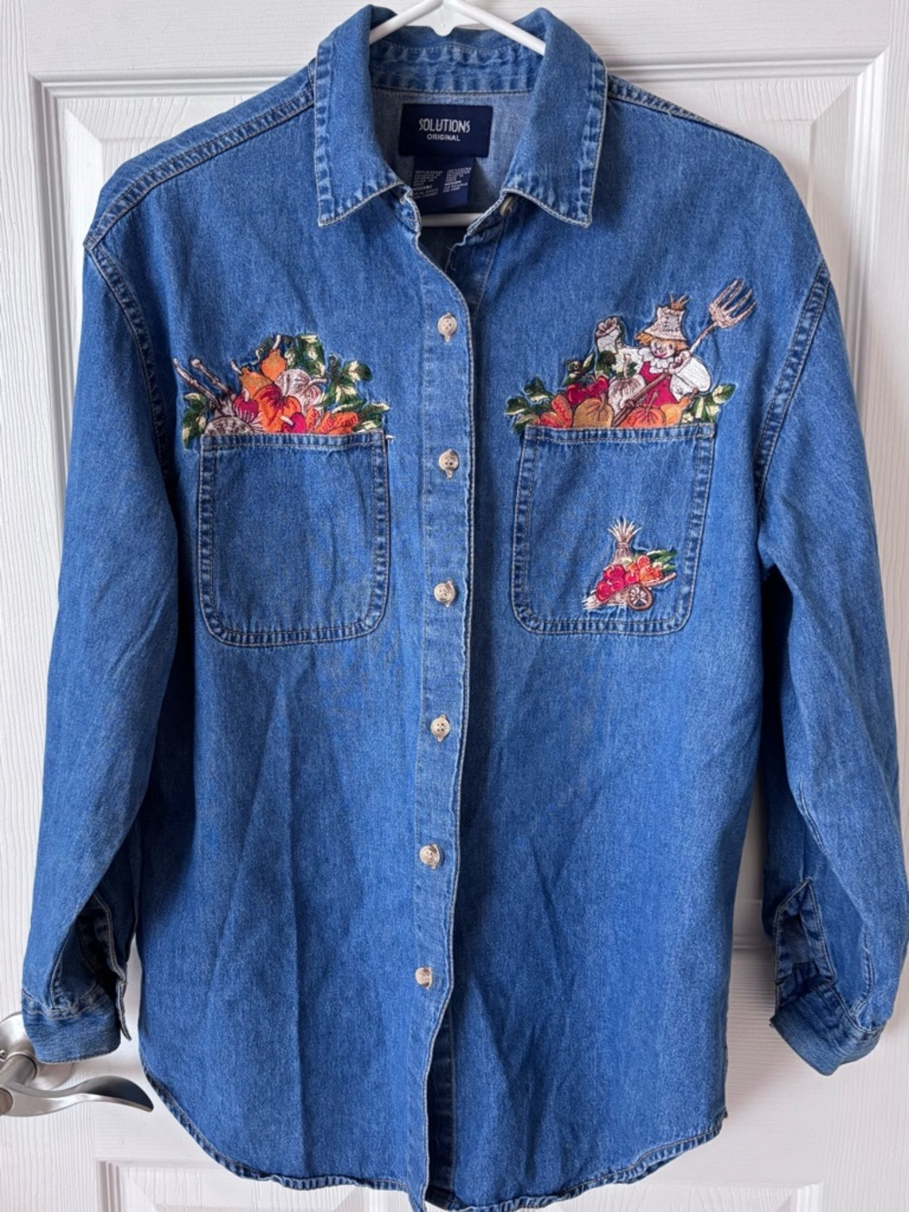 Solutions  Vintage Fall Pumpkin Patch Halloween Embroidered Denim Long Sleeve